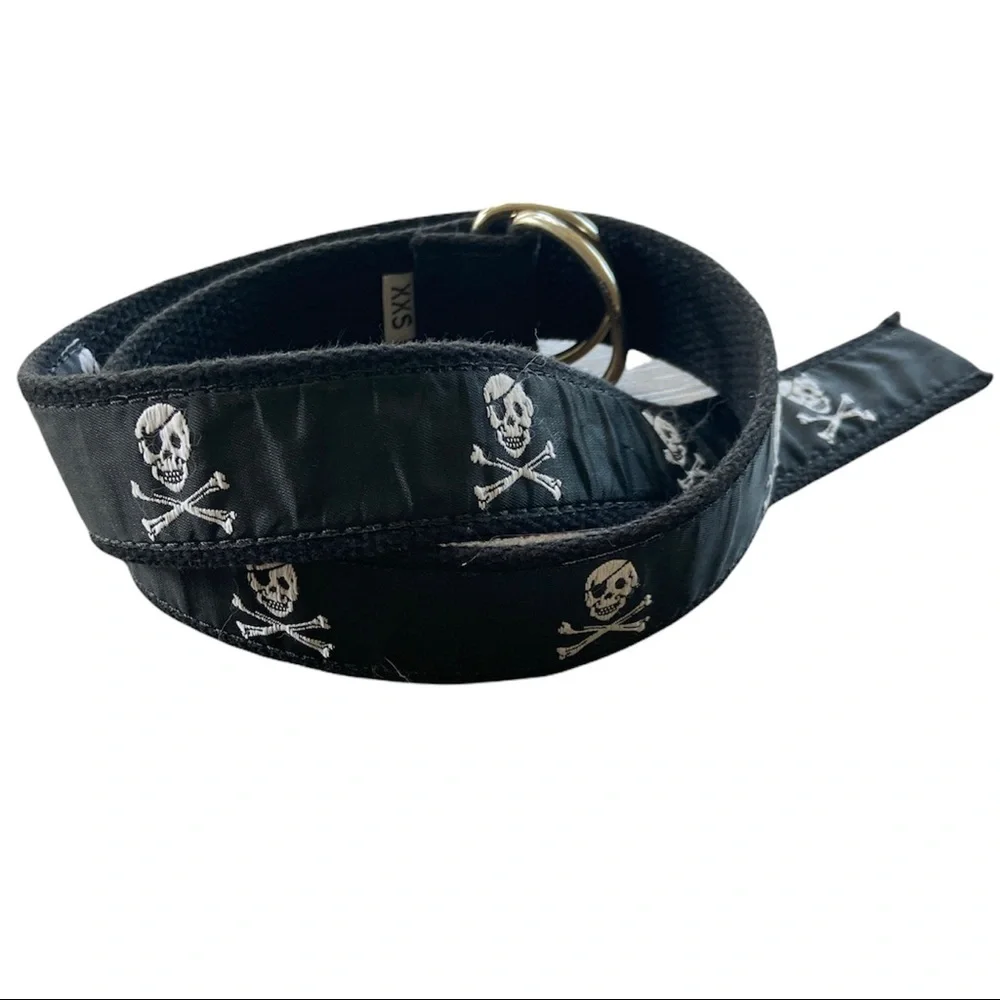 Leather Man Ltd Kids D-Ring Canvas Belt Pirate Motif- Black White -EUC XX Small